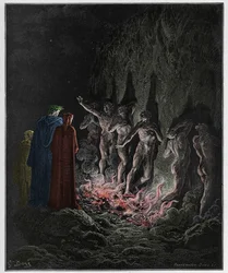 Purgatório, Canto 25: os luxuriosos atravessam o fogo no sétimo círculo, ilustração da Divina Comédia de Dante Alighieri, 1885